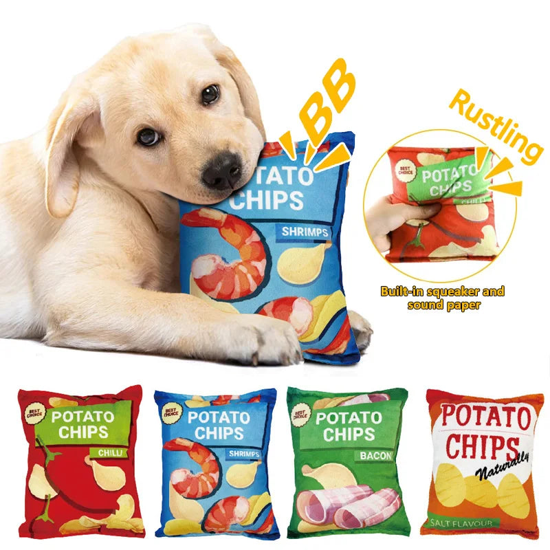 Funny Dog Toys - Crisps Plush Filled Squeaky Chew Toy, Bite-resistant with Sounding Paper for Small & Medium Pets